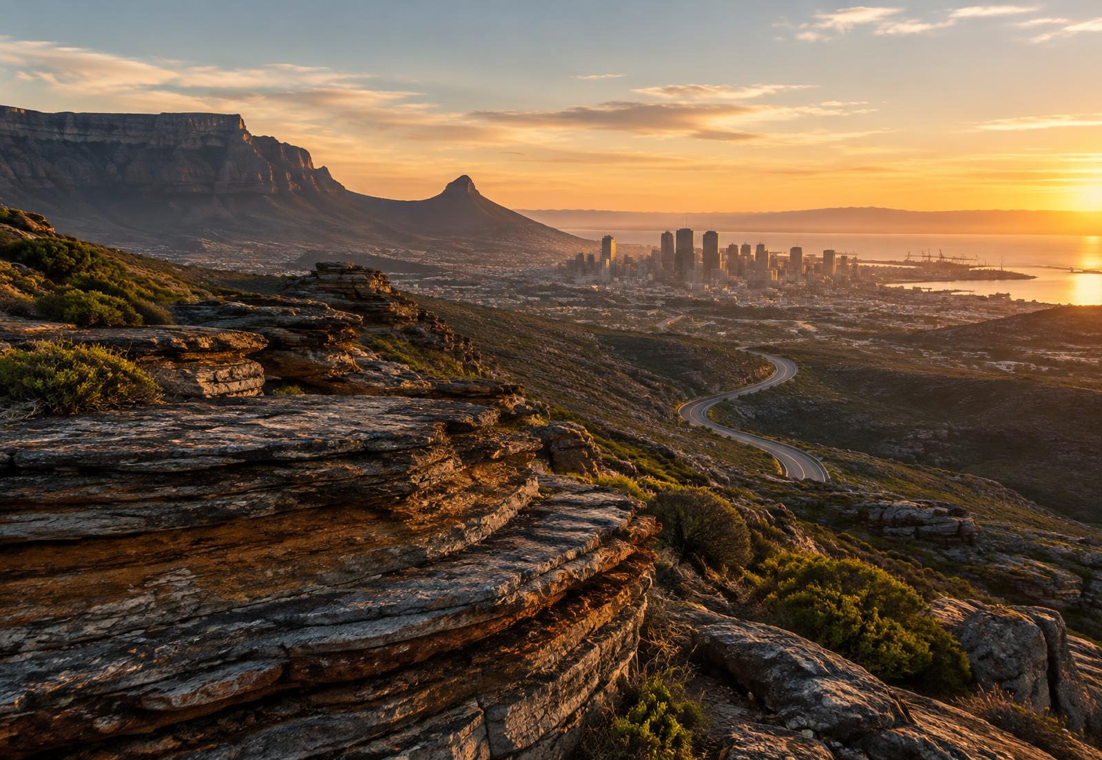 Layered South African rock strata in warm light with a city skyline in the distance