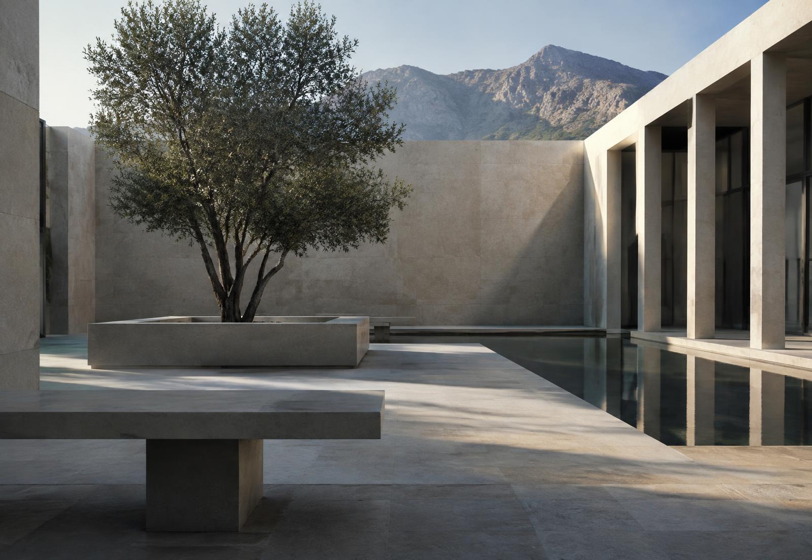Quiet institutional courtyard expressing Stratum's long-term philosophy